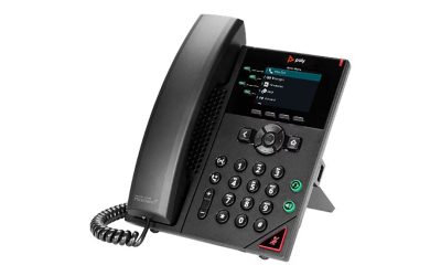 Office desk phone with coiled cord, adjustable stand, and a color display showing call options; suitable for business calls.