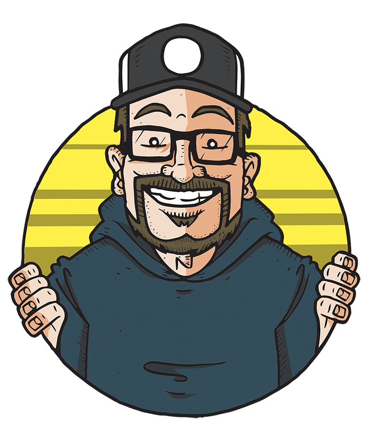 Cartoon man with glasses and a beard, smiling, wearing a dark hoodie and cap, holding the hoodie’s sides.