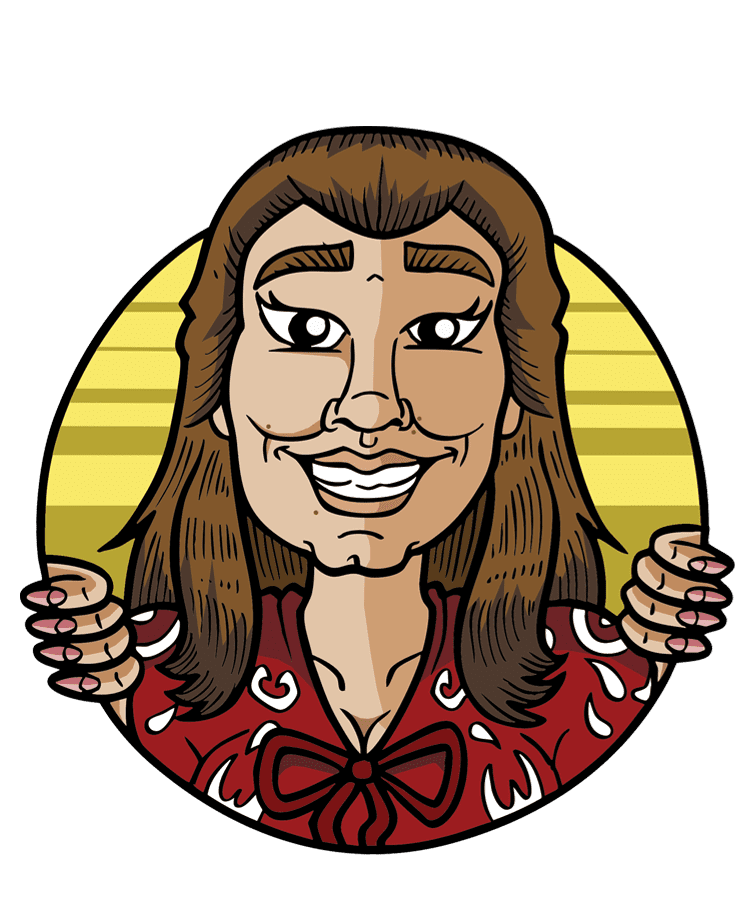 Cartoon avatar: smiling woman with brown hair in a red patterned blouse inside a yellow circular badge.